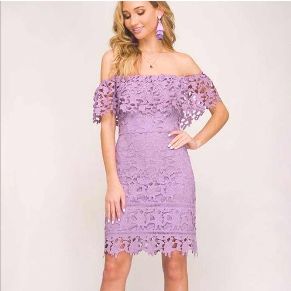 Off-Shoulder Lavender Scalloped Lace Mini Boutique Dress. Size Large by She+Sky.
